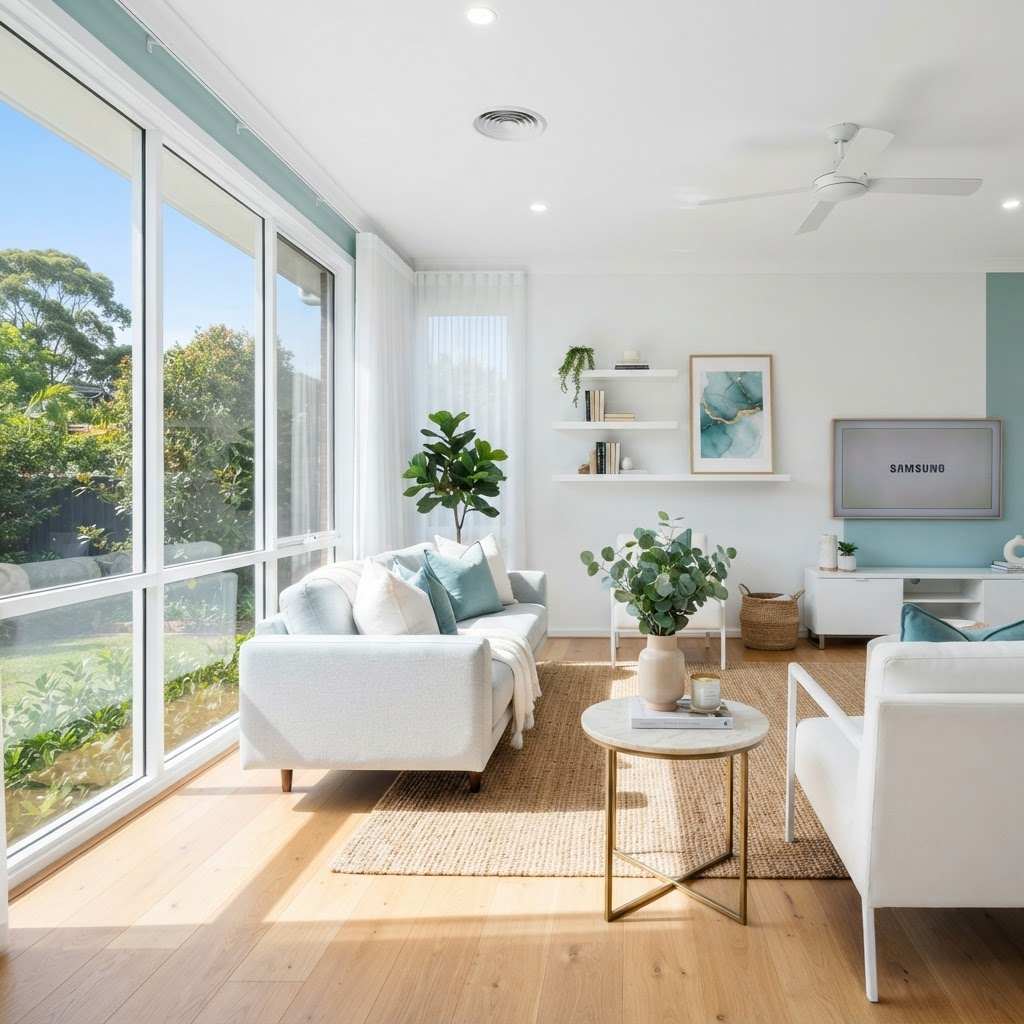 Bright, freshly cleaned modern living room with sunlight
